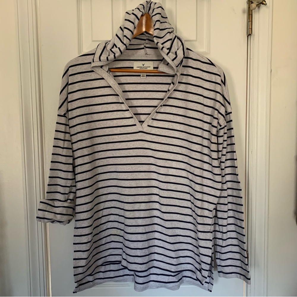 Retro AEO Gray & Navy Striped Popover Hoodie